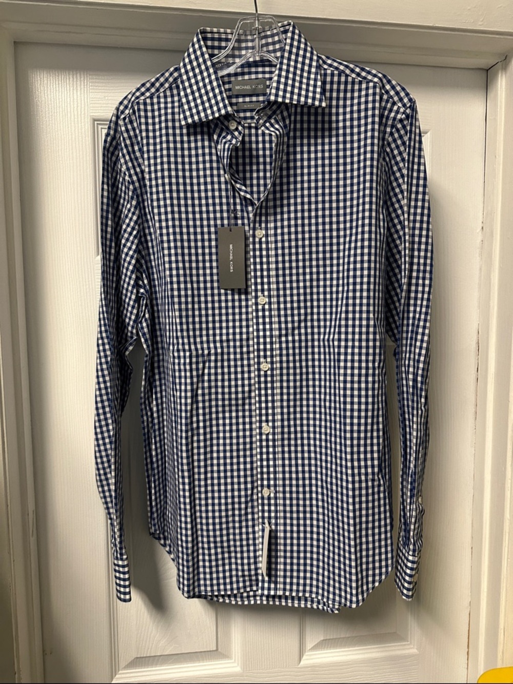 Michael Kors Men's Blue and White Gingham Dress Shirt